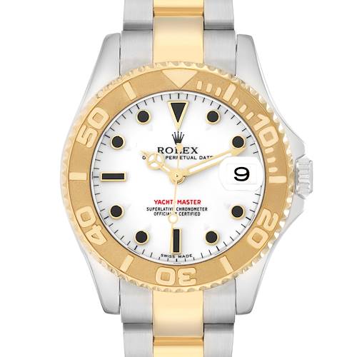 The Rolex Yacht-Master 168623 Men's Steel and Gold (two tone) White Dial watch is shown from a front view, displaying the dial, bezel, and part of the bracelet clearly.