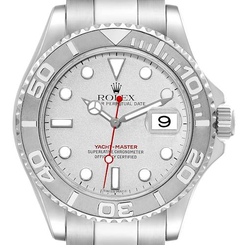 The image shows a front view of the Rolex Yacht-Master Men's Stainless Steel Silver Dial Men's Stainless Steel Silver Dial watch, displaying the dial, bezel, and crown.