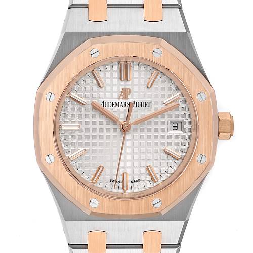 This image shows a front view of the Royal Oak model by Audemars Piguet, highlighting the dial, bezel, and part of the bracelet.