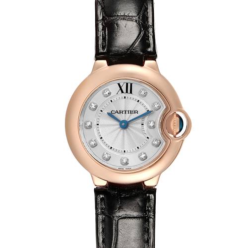 The Cartier Ballon Bleu W6900256 Women's Rose Gold Silver Dial watch is shown front-facing, highlighting its round dial, Roman numeral, and leather strap.
