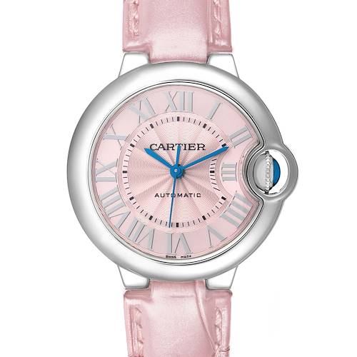 The Cartier Ballon Bleu WSBB0002 Women's Stainless Steel Pink Dial watch is shown from the front, highlighting its pink dial, blue hands, and signature crown.