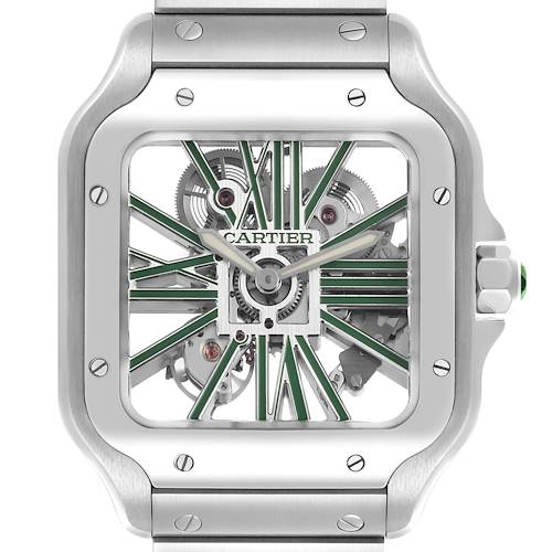 The Cartier Santos WHSA0028 Men's Stainless Steel Transparent Dial WHSA0028 Men's Stainless Steel Transparent Dial watch is shown from the front, highlighting the open-worked dial and mechanical movement.