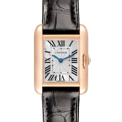 The Cartier Tank Anglaise W5310027 Women's Rose Gold Silver Dial watch is shown from a front angle, displaying the face, case, strap, and crown.