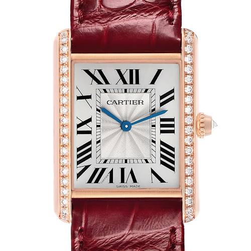 The Cartier Tank Louis WJTA0014 Women's Rose Gold Silver Dial watch is shown from the front, highlighting the face, bezel with diamonds, and part of the strap.