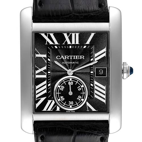 This image shows a frontal view of the Cartier Tank MC W5330004 Men's Stainless Steel Black Dial W5330004 Men's Stainless Steel Black Dial watch, highlighting its face, Roman numerals, sub-dial, and date display.