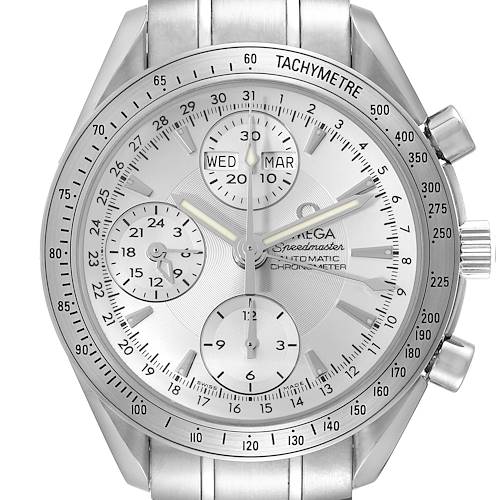 The image shows a close-up, front angle view of the Omega Speedmaster 3221.30.00 Men's Stainless Steel Silver Dial 3221.30.00 Men's Stainless Steel Silver Dial watch, highlighting its face, dials, and tachymeter scale.
