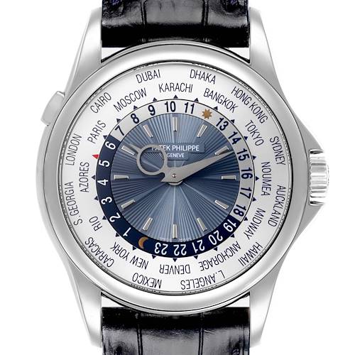 The Patek Philippe Complications 5130P-001 Men's Platinum Blue Dial 5130P-001 Men's Platinum Blue Dial watch is shown from a top view, highlighting the dial, bezel, and part of the strap.