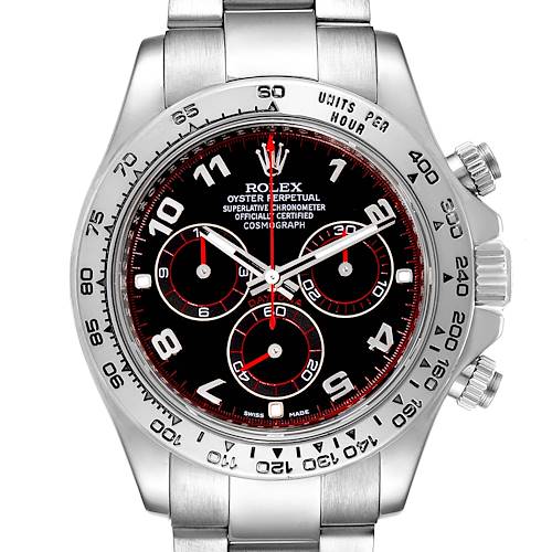 The image shows the face and bezel of a Rolex Daytona 116509 Men's White Gold Black Dial 116509 Men's White Gold Black Dial watch, including its dial, subdials, and crown from a front angle.