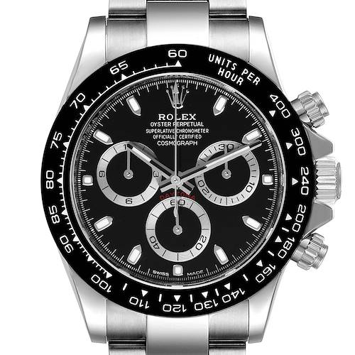 The image shows a frontal view of a Rolex Daytona 116500 Men's Stainless Steel Black Dial 116500 Men's Stainless Steel Black Dial watch, highlighting its black dial, sub-dials, and stainless steel bracelet.