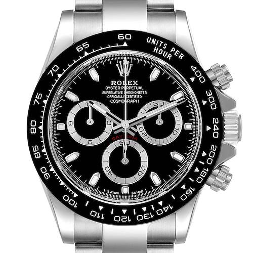 The image shows a frontal view of a Rolex Daytona 116500 Men's Stainless Steel Black Dial 116500 Men's Stainless Steel Black Dial watch, highlighting the dial, chronograph subdials, bezel, and part of the bracelet.