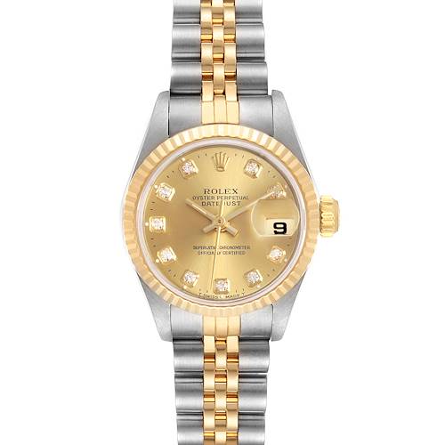 The image shows a front view of a Rolex Datejust 69173 Women's Steel and Gold (two tone) Champagne Dial 69173 Women's Steel and Gold (two tone) Champagne Dial watch featuring a gold and silver tone with a gold dial and diamond hour markers.