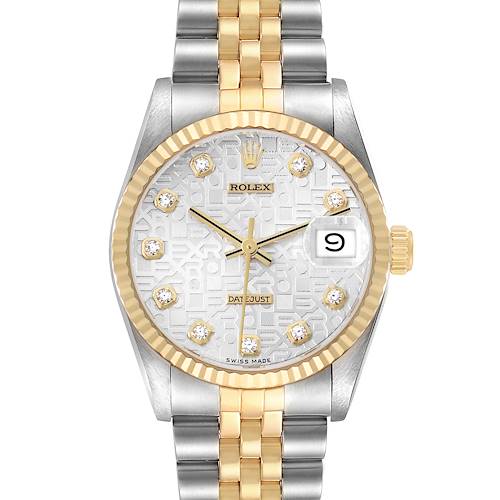 The Rolex Mid-Size 68273 Women's Steel and Gold (two tone) Silver Dial watch is shown from a front angle, highlighting the dial, bezel, bracelet, and crown.