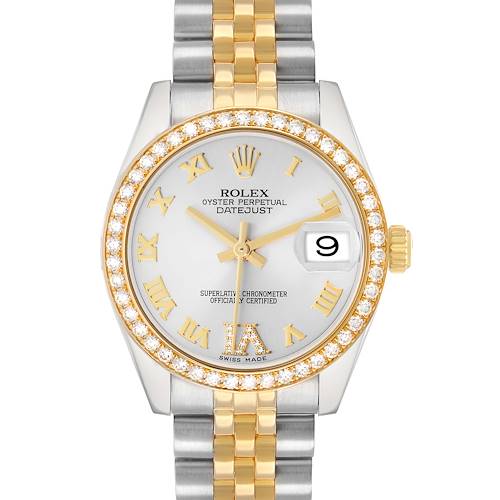 The Rolex Mid-Size 178383 Women's Steel and Gold (two tone) Silver Dial watch is shown from a front angle, displaying the face, bezel, and part of the gold and silver band.