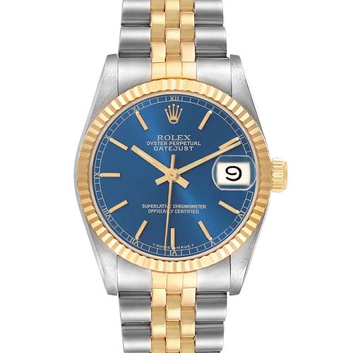 The Rolex Mid-Size 68273 Women's Steel and Gold (two tone) Blue Dial Datejust watch is shown from a front angle, displaying the blue dial, gold bezel, and two-tone bracelet.