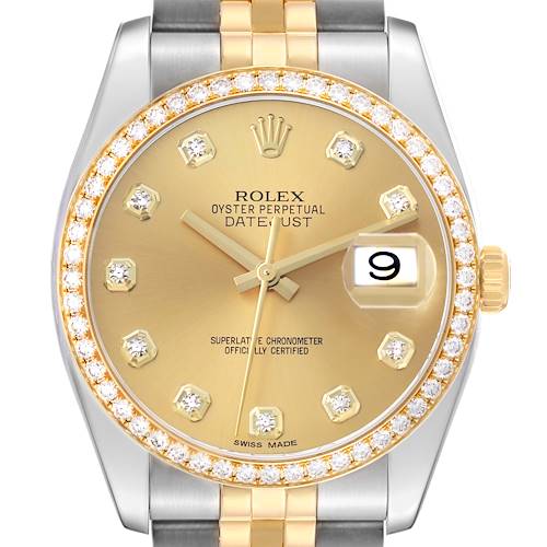Photo of Rolex Datejust Steel Yellow Gold Champagne Dial Diamond Mens Watch 116243