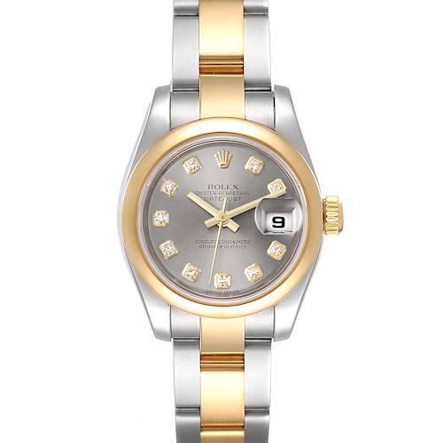 The image shows a frontal view of a Rolex Datejust 179163 Women's Steel and Gold (two tone) Grey Dial 179163 Women's Steel and Gold (two tone) Grey Dial watch, highlighting its dial, bezel, and part of the bracelet.