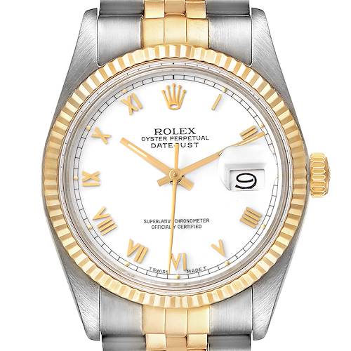 The image shows a front view of the Rolex Vintage Collection 16013 Men's Steel and Gold (two tone) White Dial 16013 Men's Steel and Gold (two tone) White Dial Datejust watch, highlighting its dial, hands, and partial bracelet.