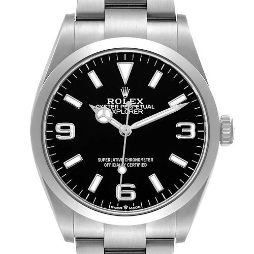 The Rolex Explorer 124270 Men's Stainless Steel Black Dial watch is shown from the front, displaying the dial, bezel, hands, and part of the bracelet.