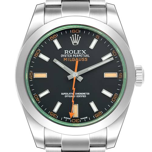 The Rolex Milgauss 116400GV Men's Stainless Steel Black Dial 116400GV Men's Stainless Steel Black Dial watch is shown from the front, highlighting the dial, hands, and casing.
