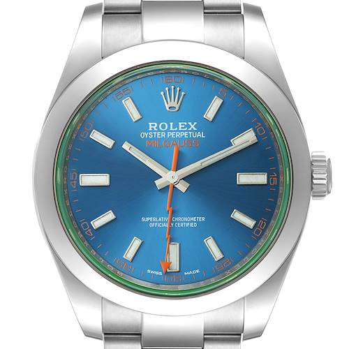 This image shows a front view of a Rolex Milgauss 116400GV Men's Stainless Steel Blue Dial 116400GV Men's Stainless Steel Blue Dial watch, displaying its blue dial, orange lightning bolt second hand, and stainless steel bracelet.