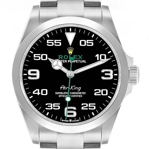 The image shows a frontal view of the Rolex Air-King 126900 Men's Stainless Steel Black Dial, highlighting the dial, bezel, and crown.
