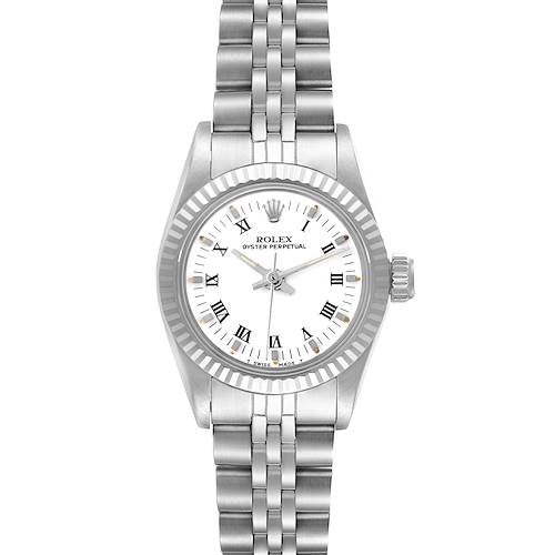 The Rolex Oyster Perpetual 67194 Women's Stainless Steel White Dial 67194 Women's Stainless Steel White Dial watch is shown from a front view, displaying the dial, case, bezel, and bracelet.