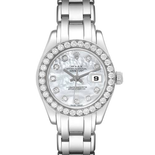 The Rolex Pearlmaster 80299 Women's White Gold Mother of Pearl Dial 80299 Women's White Gold Mother of Pearl Dial is shown from a front angle, highlighting the face, bezel, and part of the bracelet.