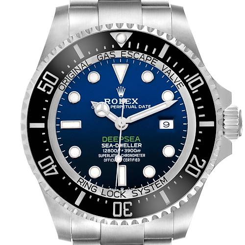 The Rolex Sea-Dweller 126660 Men's Stainless Steel Blue Dial watch is shown from a front angle, highlighting the dial, bezel, and bracelet.
