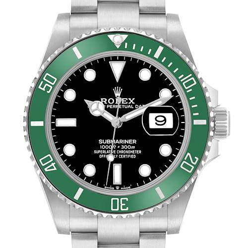 The Rolex Submariner 126610 Men's Stainless Steel Black Dial is shown from the front, highlighting the bezel, dial, hands, date, and crown.