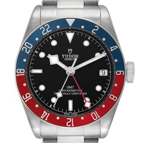 The image shows a frontal view of the Tudor Heritage Black Bay 79830RB Men's Stainless Steel Black Dial watch, highlighting its bezel, dial, hands, and date feature.