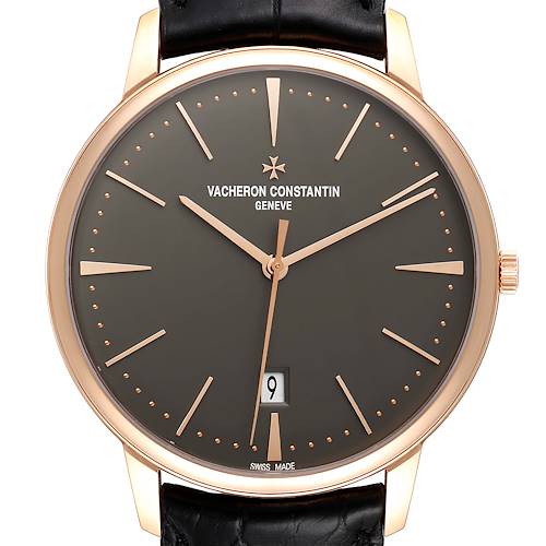 This image shows a front view of a Vacheron Constantin Patrimony 85180/000R-9166 Men's Rose Gold Grey Dial 85180/000R-9166 Men's Rose Gold Grey Dial watch, highlighting its dial, hands, markers, and date window.