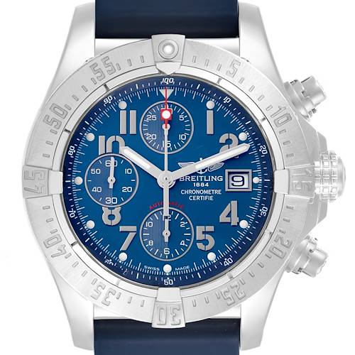 The Breitling Avenger A13380 Men's Stainless Steel Blue Dial A13380 Men's Stainless Steel Blue Dial watch is shown from the front, displaying the dial, bezel, and pushers.