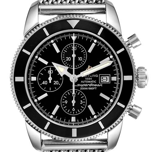 This image shows a front view of the Breitling Superocean A13320 Men's Stainless Steel Black Dial A13320 Men's Stainless Steel Black Dial watch, highlighting its dial, bezel, and stainless steel mesh strap.