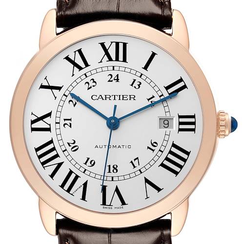 The Ronde model by Cartier is shown from the front, displaying its face with Roman numerals, date window, and blue hands.