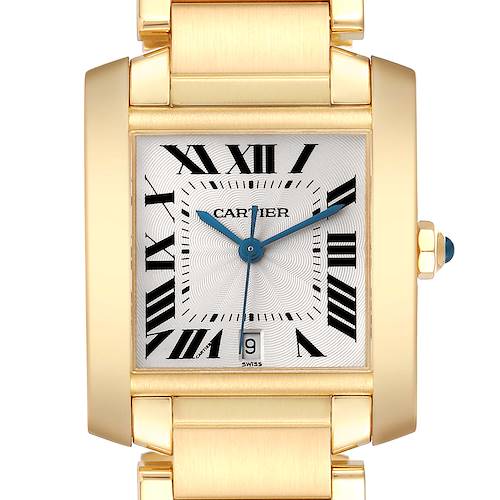 The Cartier Tank Francaise W50001R2 Men's Yellow Gold Silver Dial watch is shown from a front angle, highlighting the square face, Roman numerals, hands, and bezel.