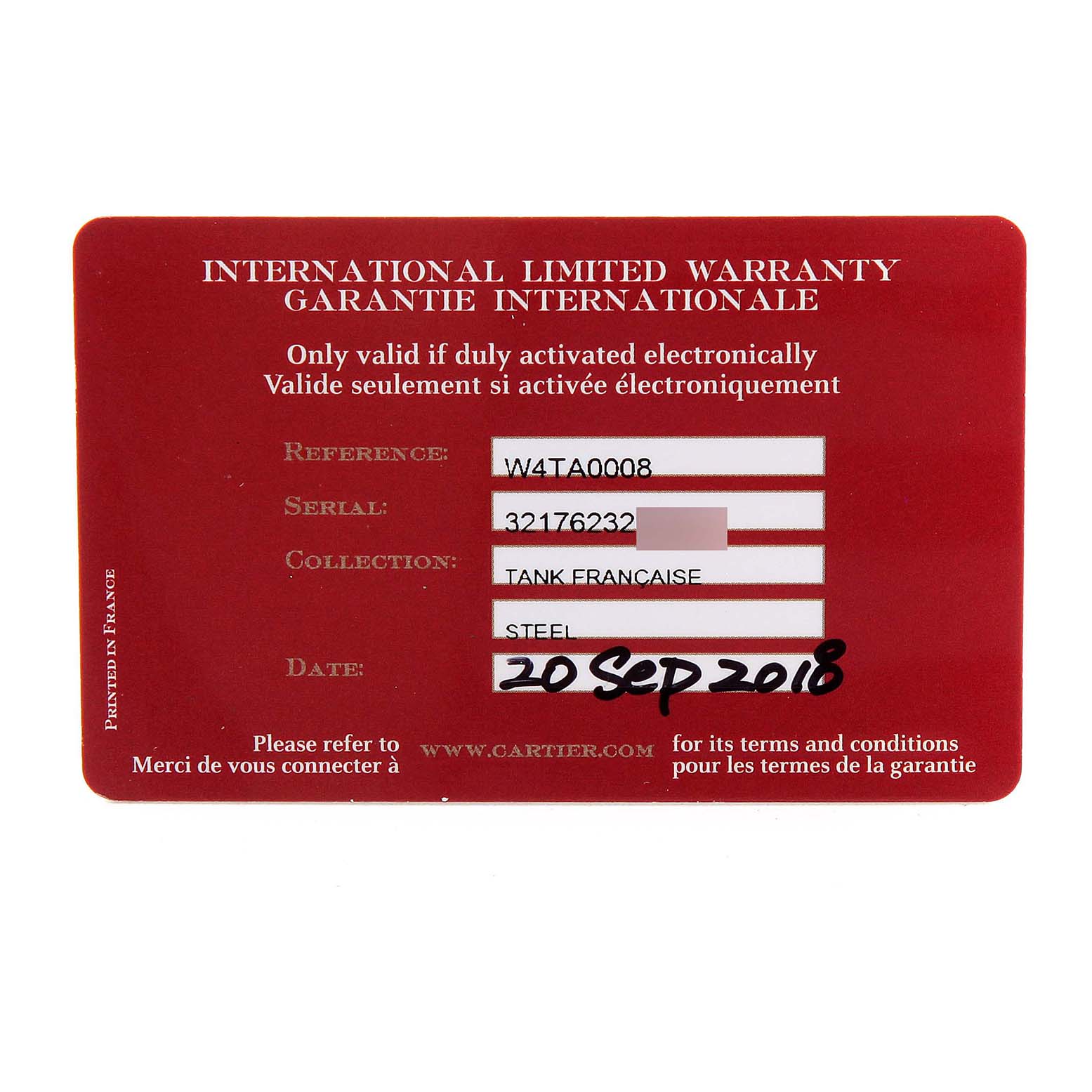 This is a warranty card for the Cartier Tank Francaise W4TA0008 Women's Stainless Steel Silver Dial W4TA0008 Women's Stainless Steel Silver Dial model, showing the reference, serial number, collection, material, and purchase date.