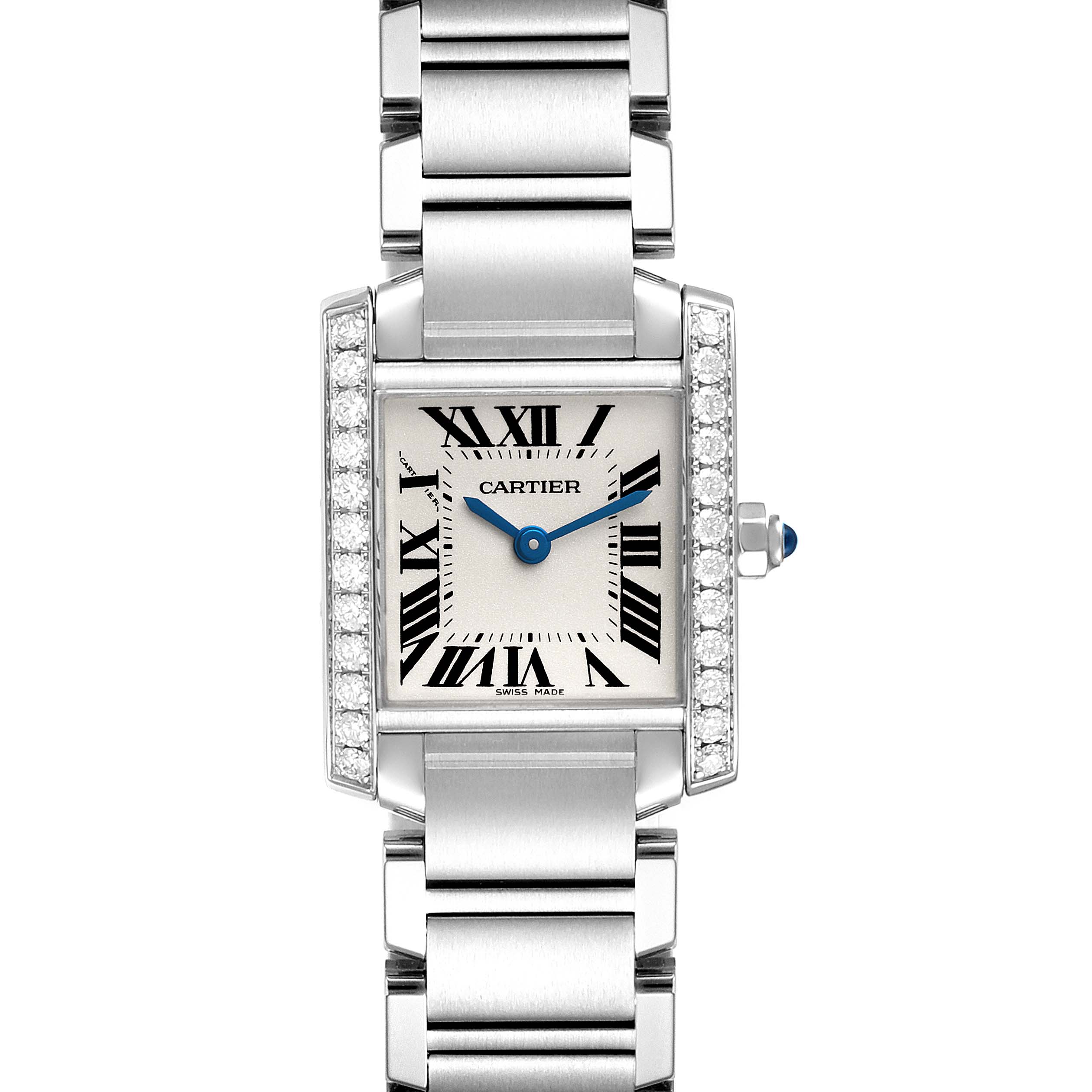 The Cartier Tank Francaise W4TA0008 Women's Stainless Steel Silver Dial W4TA0008 Women's Stainless Steel Silver Dial watch is shown from a top view, highlighting its face, bracelet, and jeweled bezel.