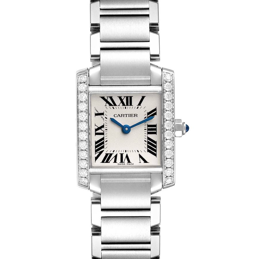 The Cartier Tank Francaise W4TA0008 Women's Stainless Steel Silver Dial W4TA0008 Women's Stainless Steel Silver Dial watch is shown from a top view, highlighting its face, bracelet, and jeweled bezel.
