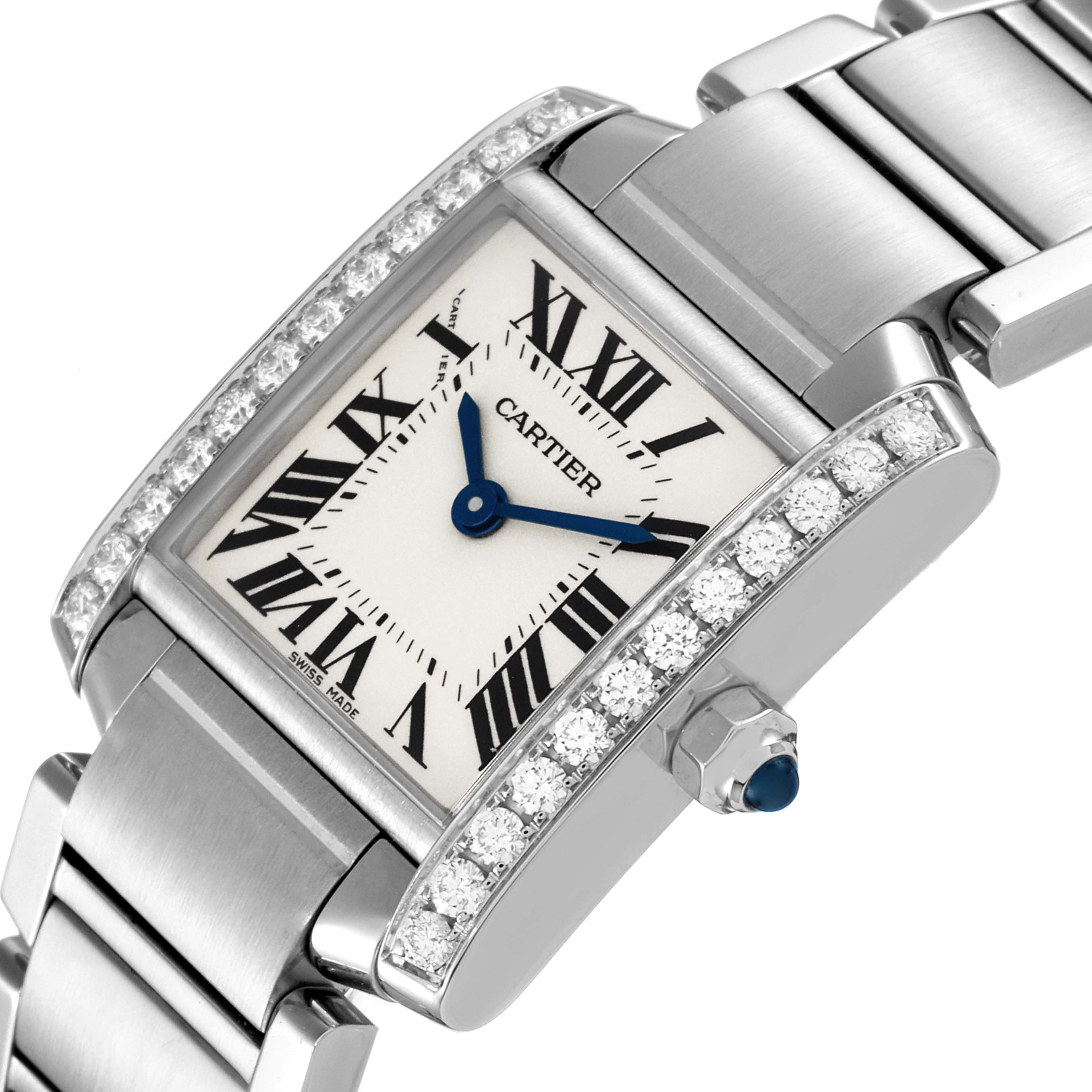 The image shows a close-up angled view of the Cartier Tank Francaise W4TA0008 Women's Stainless Steel Silver Dial W4TA0008 Women's Stainless Steel Silver Dial watch, highlighting the dial, bezel, and part of the bracelet.