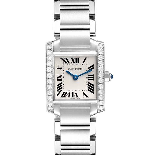 This image shows a Cartier Tank Francaise W4TA0008 Women's Stainless Steel Silver Dial W4TA0008 Women's Stainless Steel Silver Dial watch from a top-down angle, highlighting its face, metal strap, and diamond-studded case.