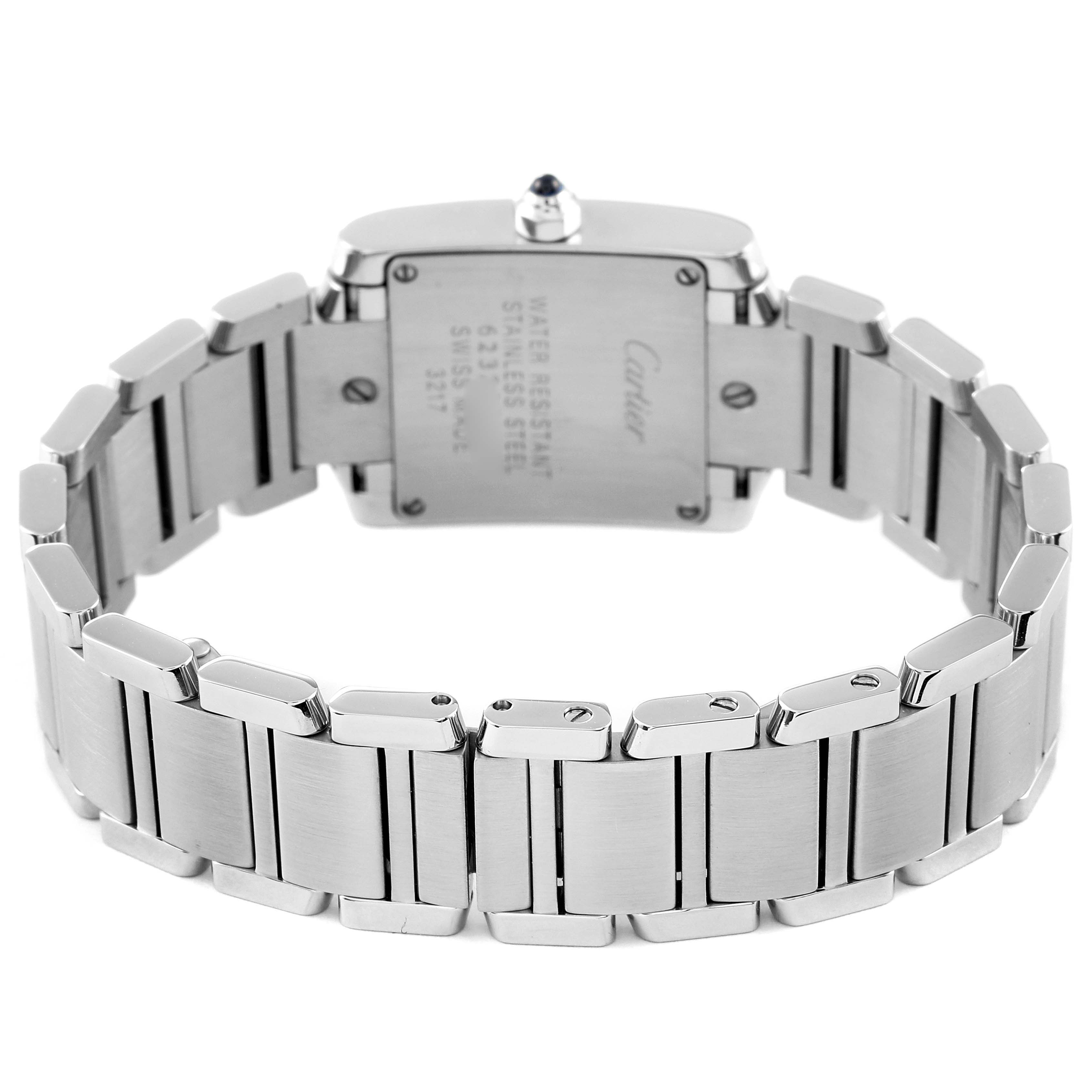 This image shows the back view of a Cartier Tank Francaise W4TA0008 Women's Stainless Steel Silver Dial W4TA0008 Women's Stainless Steel Silver Dial watch, highlighting the case back and stainless steel bracelet.