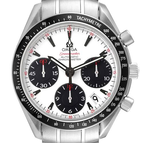 The image shows a front view of the Omega Speedmaster 323.30.40.40.04.001 Men's Stainless Steel White Dial 323.30.40.40.04.001 Men's Stainless Steel White Dial watch, highlighting its dial, chronograph sub-dials, and tachymeter bezel.