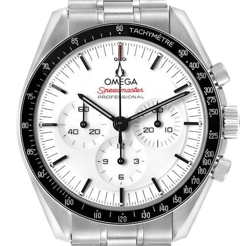 The Omega Speedmaster 310.30.42.50.04.001 Men's Stainless Steel White Dial 310.30.42.50.04.001 Men's Stainless Steel White Dial watch is shown from a front angle, highlighting the dial, bezel, and tachymeter scale.
