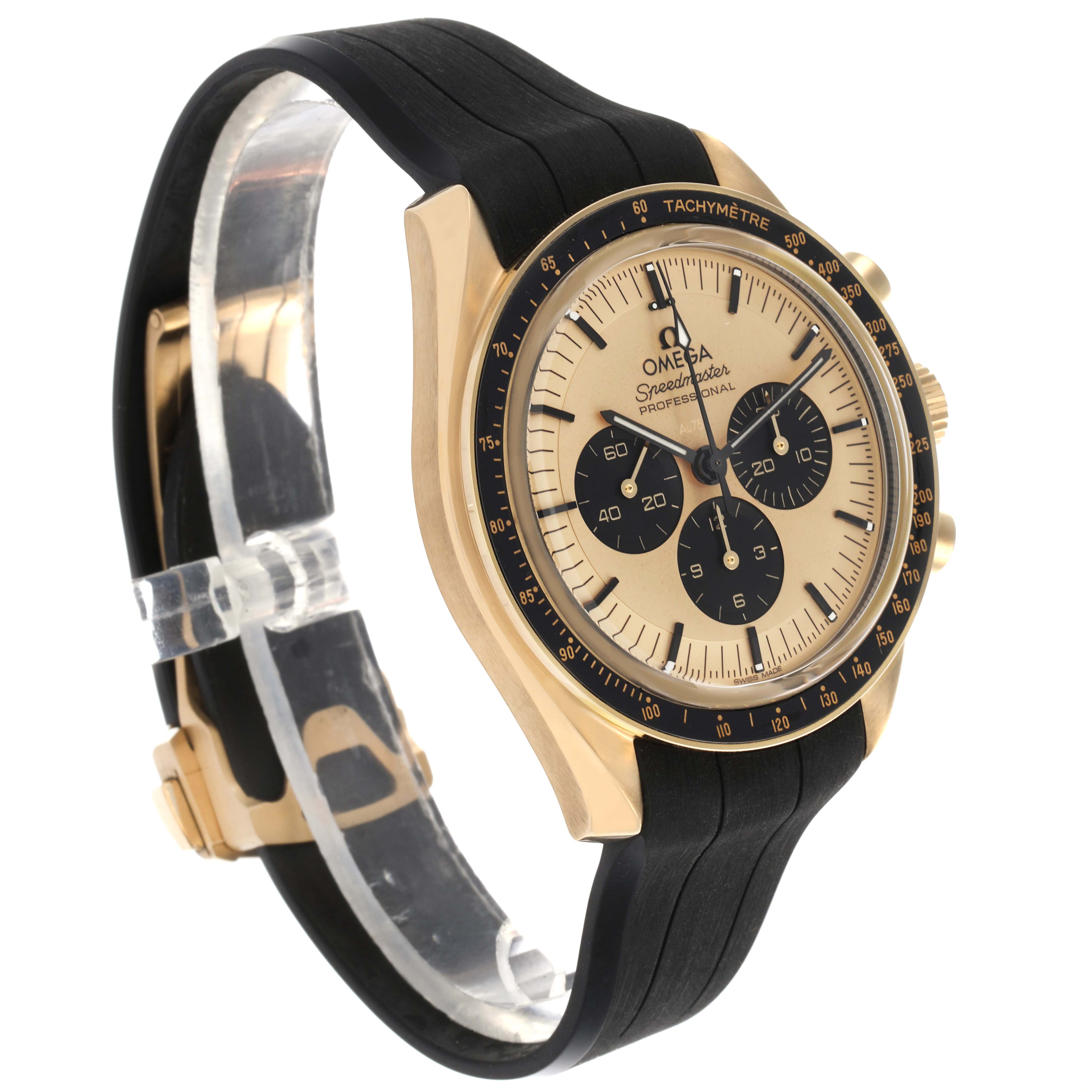 The Omega Speedmaster 310.62.42.50.99.001 Men's Yellow Gold Champagne Dial 310.62.42.50.99.001 Men's Yellow Gold Champagne Dial is shown at a three-quarter angle, displaying the face, bezel, case, and strap.