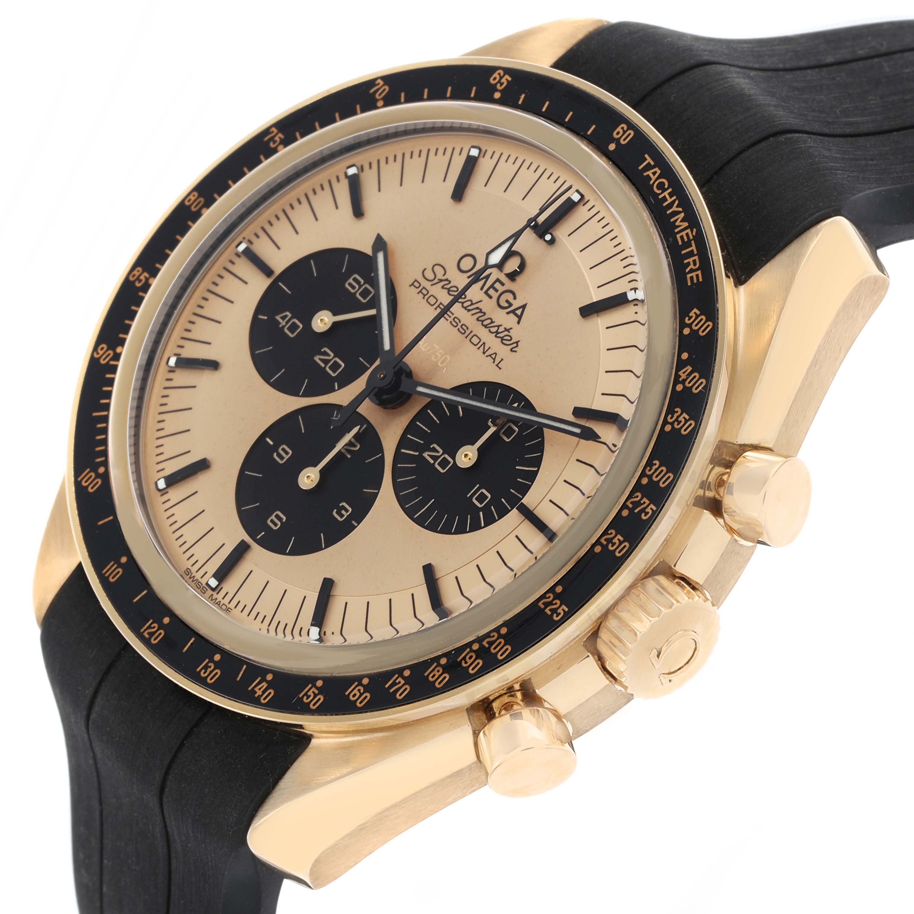 The Omega Speedmaster 310.62.42.50.99.001 Men's Yellow Gold Champagne Dial 310.62.42.50.99.001 Men's Yellow Gold Champagne Dial watch is shown at an angle highlighting the dial, bezel, pushers, and crown.