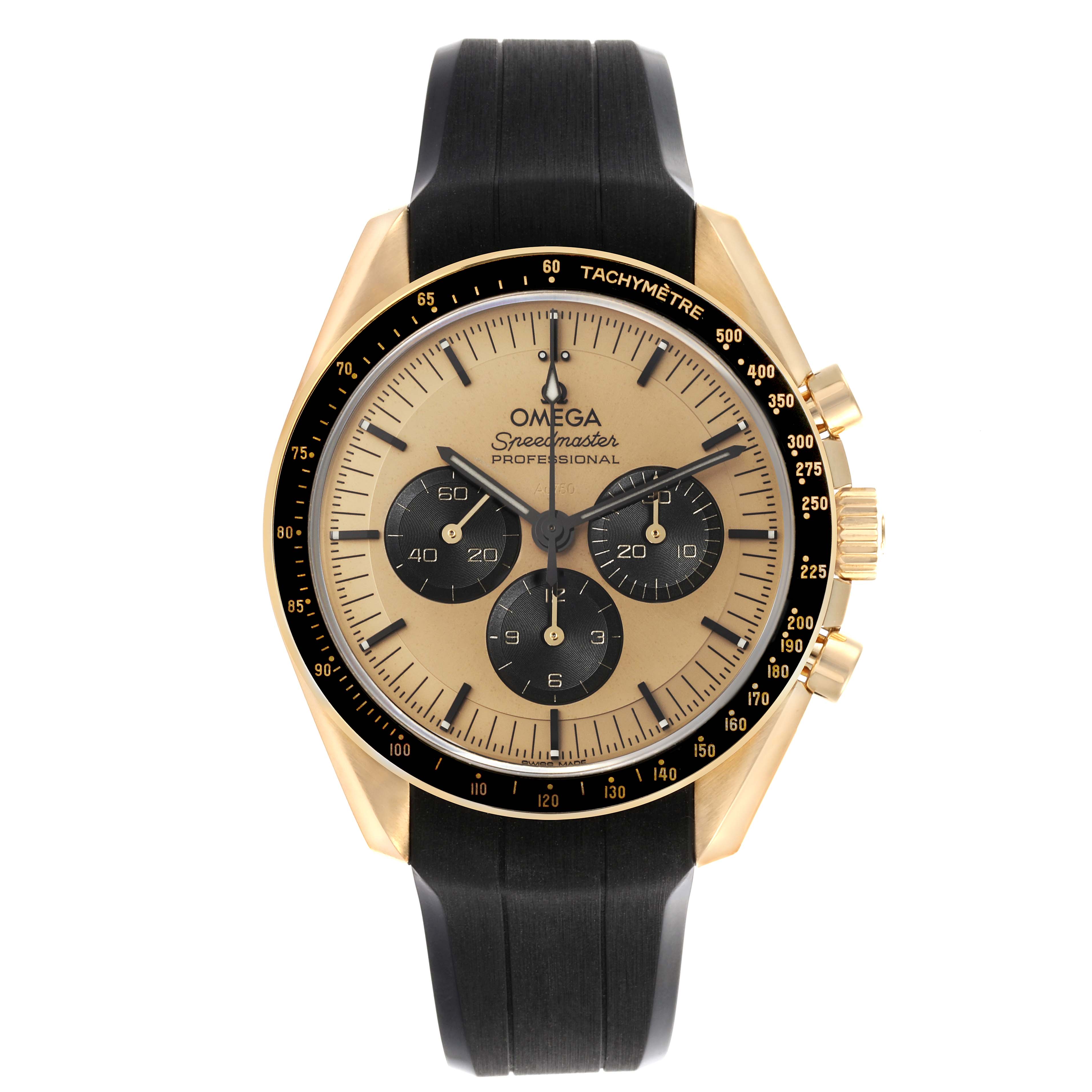 The Omega Speedmaster 310.62.42.50.99.001 Men's Yellow Gold Champagne Dial 310.62.42.50.99.001 Men's Yellow Gold Champagne Dial model is shown from the front, displaying its face, tachymeter bezel, and pushers.