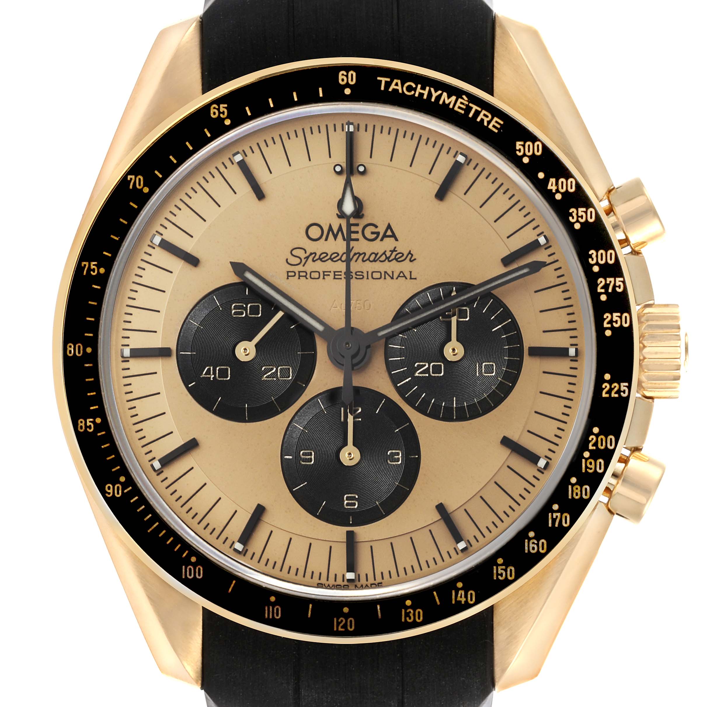 The Omega Speedmaster 310.62.42.50.99.001 Men's Yellow Gold Champagne Dial 310.62.42.50.99.001 Men's Yellow Gold Champagne Dial watch is shown from the front, displaying its dial, tachymeter bezel, and three sub-dials.