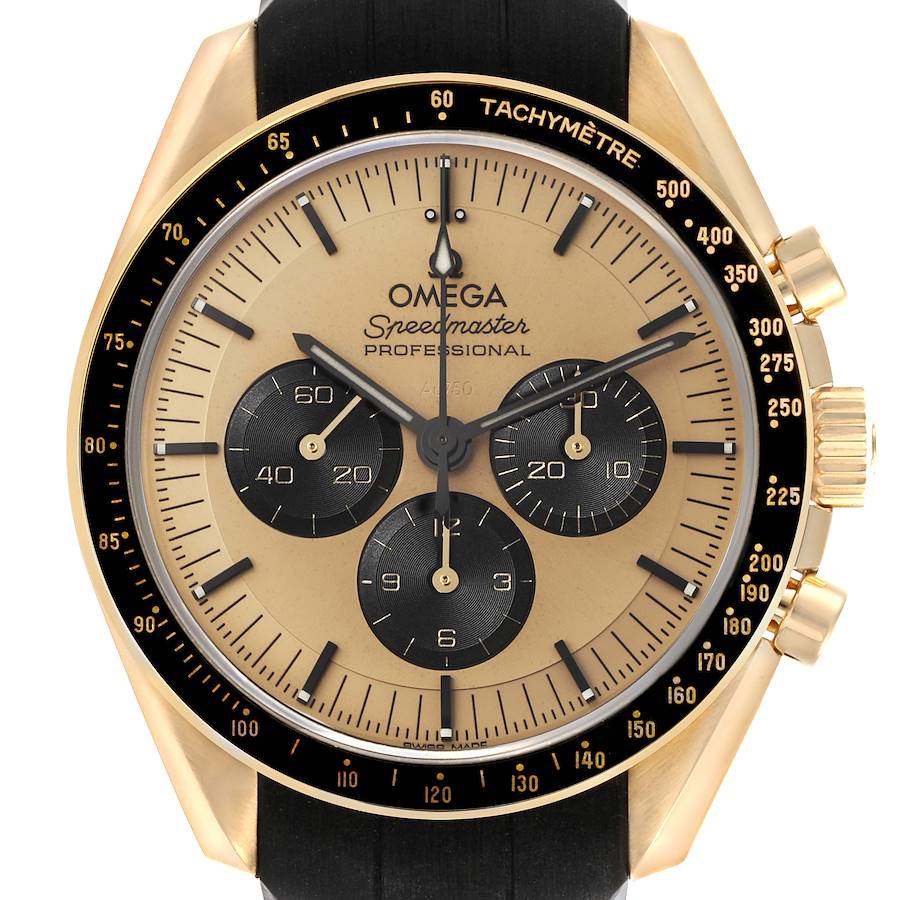 The Omega Speedmaster 310.62.42.50.99.001 Men's Yellow Gold Champagne Dial 310.62.42.50.99.001 Men's Yellow Gold Champagne Dial watch is shown from the front, displaying its dial, tachymeter bezel, and three sub-dials.