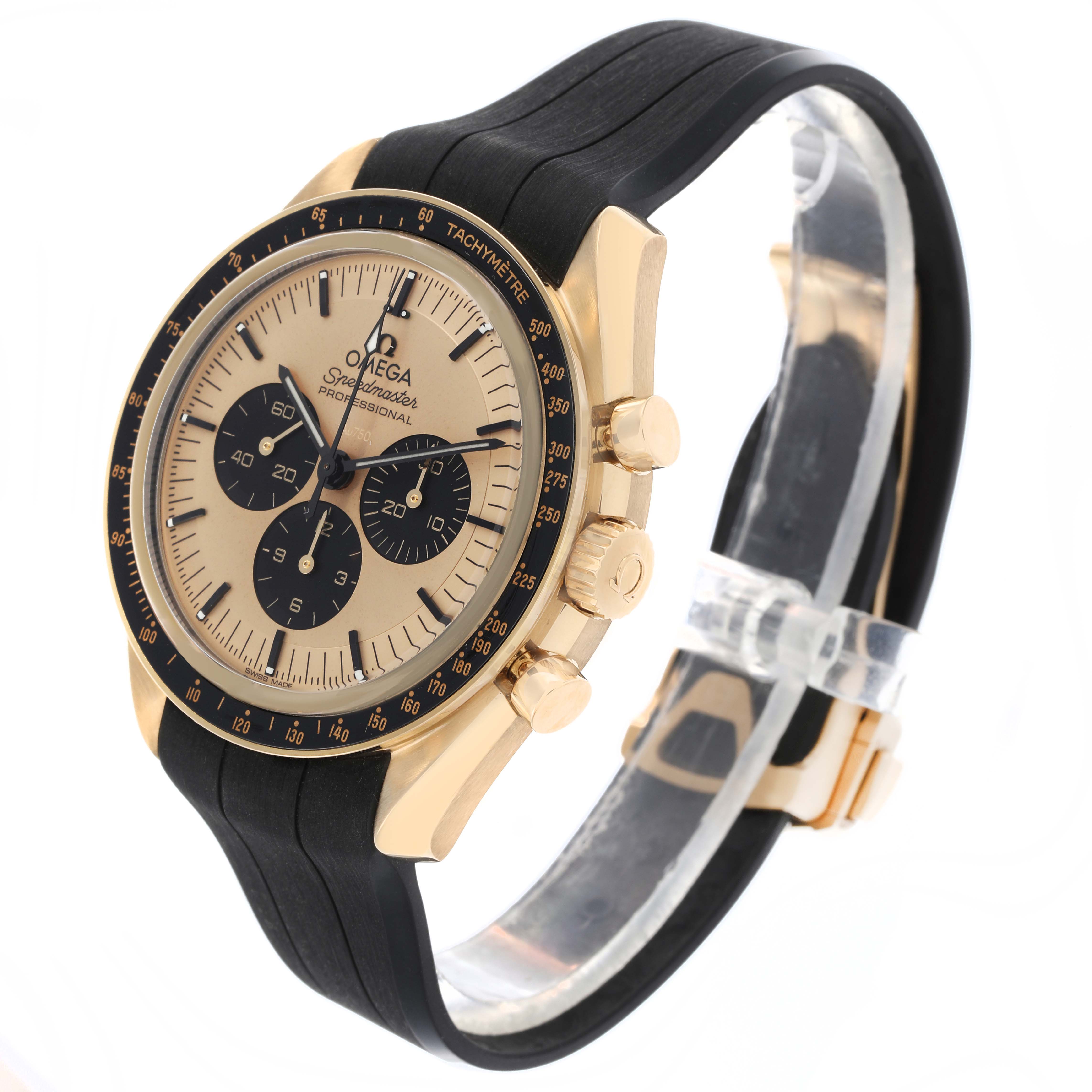 The Omega Speedmaster 310.62.42.50.99.001 Men's Yellow Gold Champagne Dial 310.62.42.50.99.001 Men's Yellow Gold Champagne Dial watch is shown at a three-quarter angle, highlighting the face, bezel, crown, pushers, and strap.