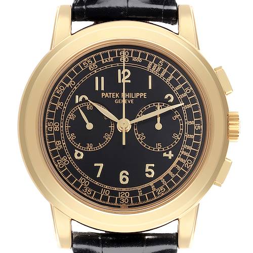 The Patek Philippe Complications 5070J-001 Men's Yellow Gold Black Dial 5070J-001 Men's Yellow Gold Black Dial watch is shown from the front, displaying its dial, bezel, and black leather strap.